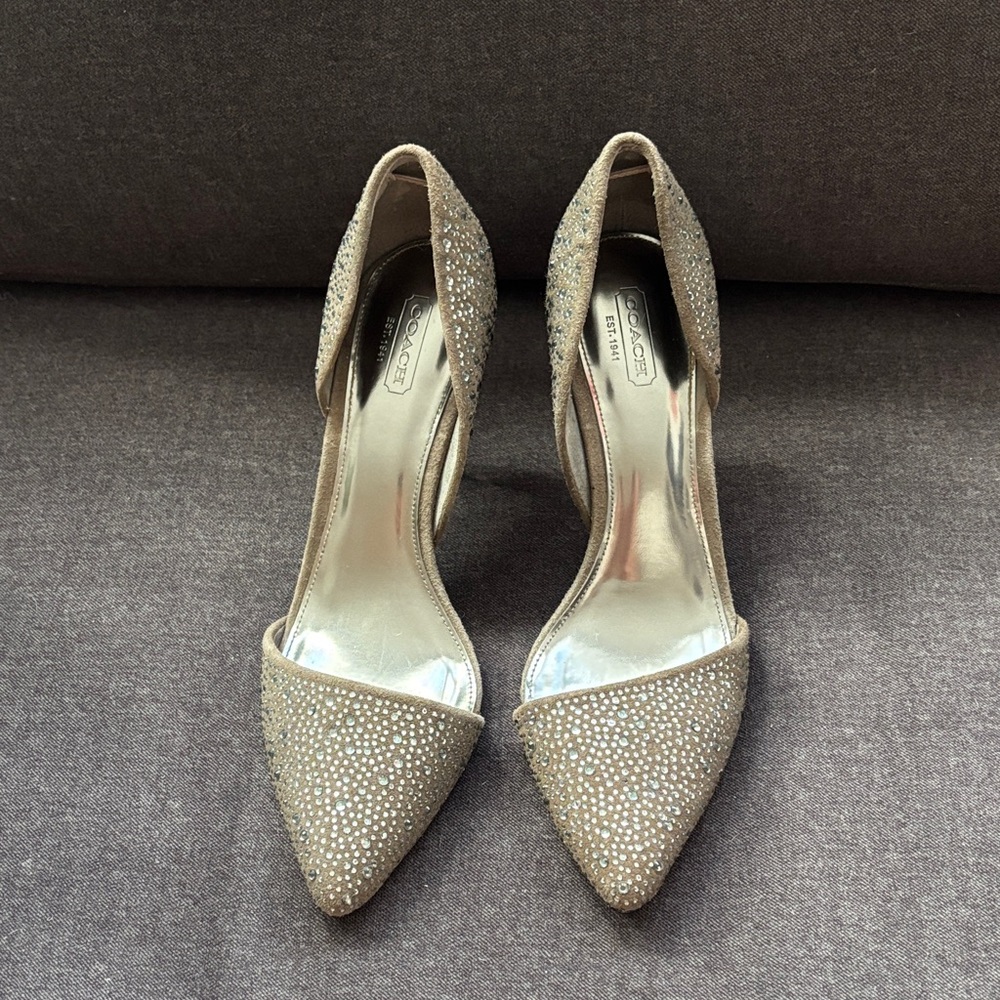 COACH Camille Brown/Grey Suede Rhinestone D'Orsay Heels